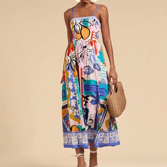 Multicolor Boho Women's Vacation Woven Printed Spaghetti Strap Dress - Picture 6 of 6